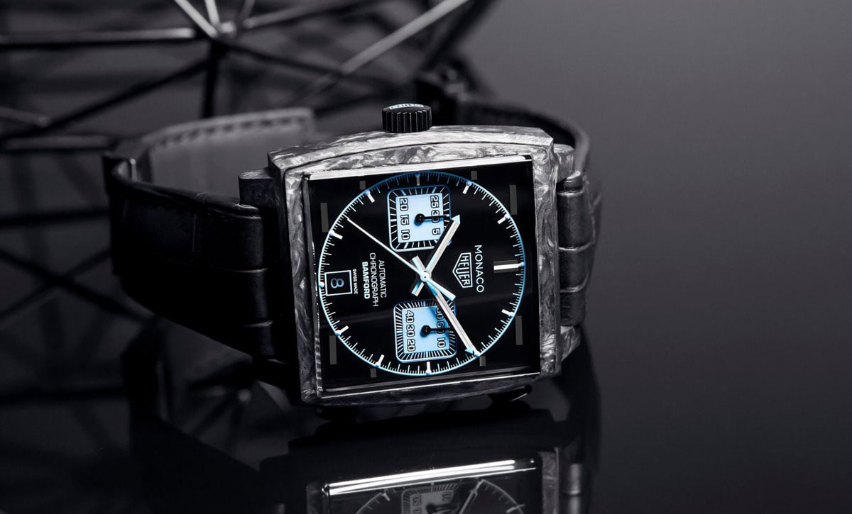 TAG Heuer Monaco black wristwatch.