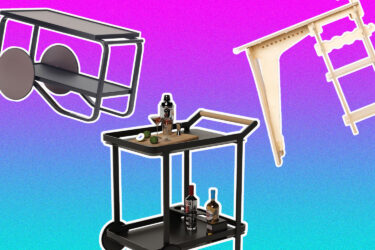 Illustrations of stylish bar carts with accessories.