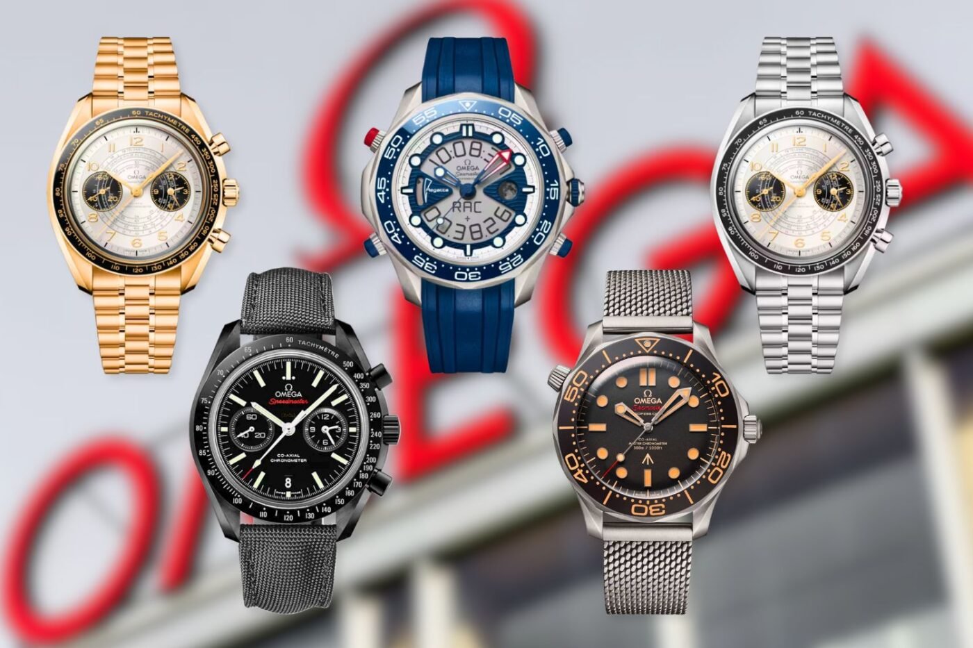 Five OMEGA luxury watches with diverse styles.