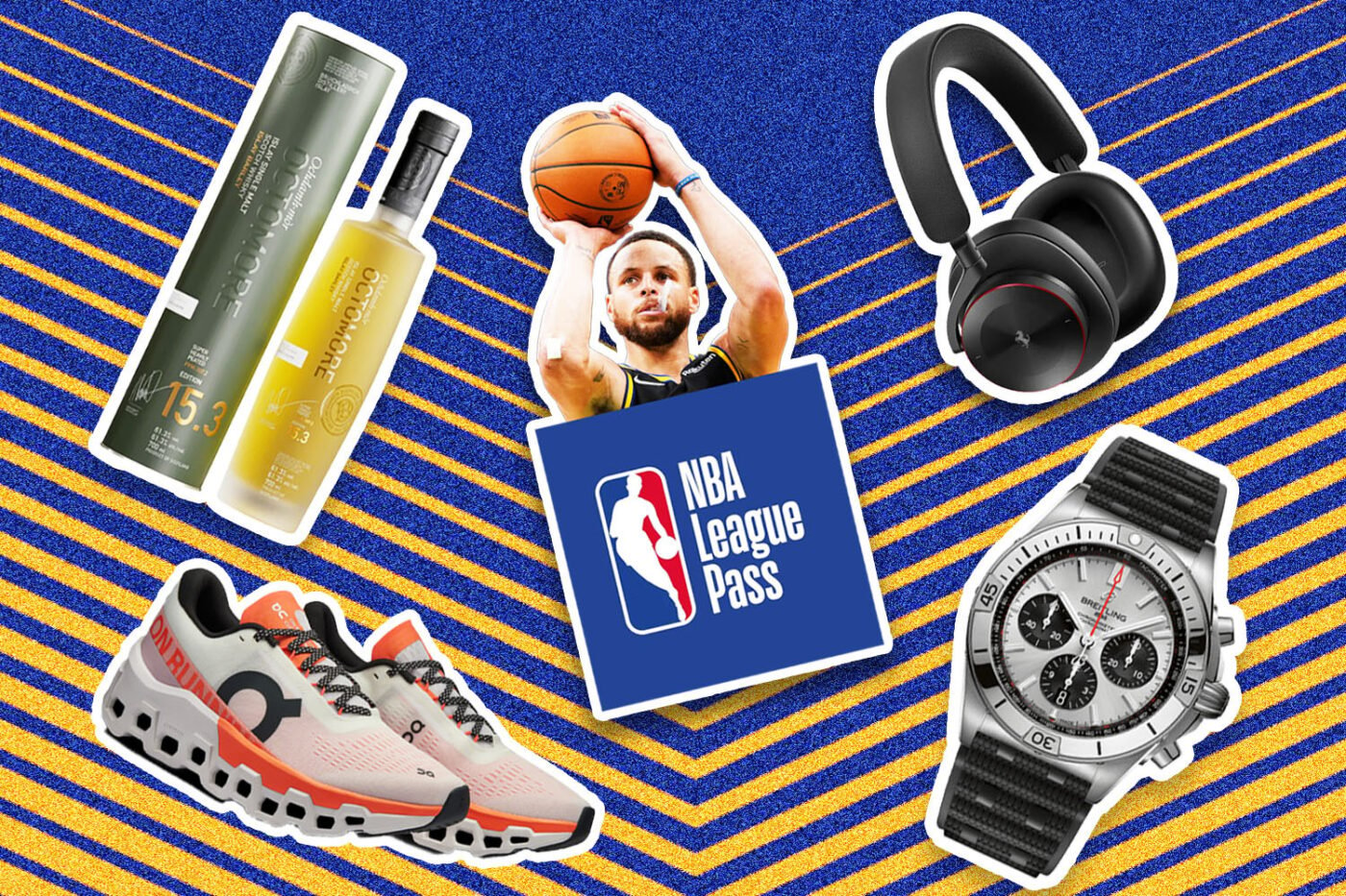 Collage of cool products: liquor, League Pass, shoes.