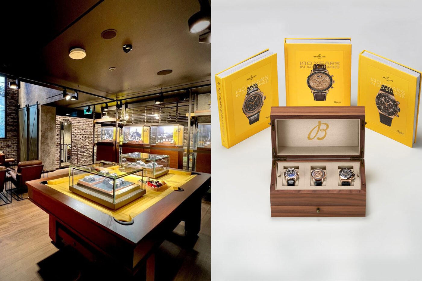 Breitling watches, books in exhibition.