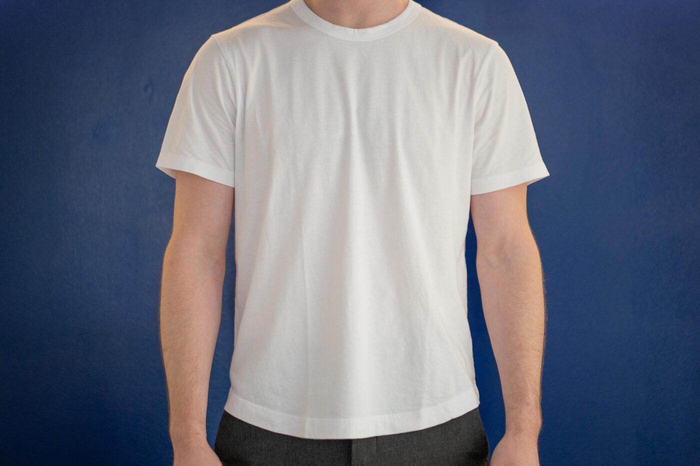 Buck Mason white tee on model 