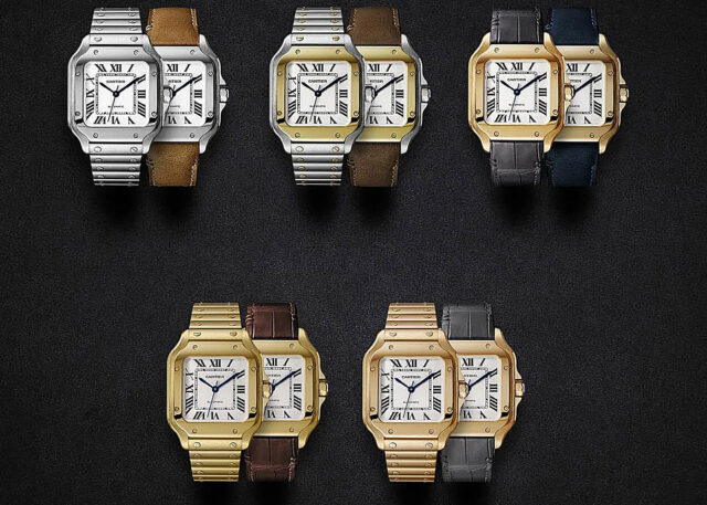 Six luxury Cartier watches with various straps.