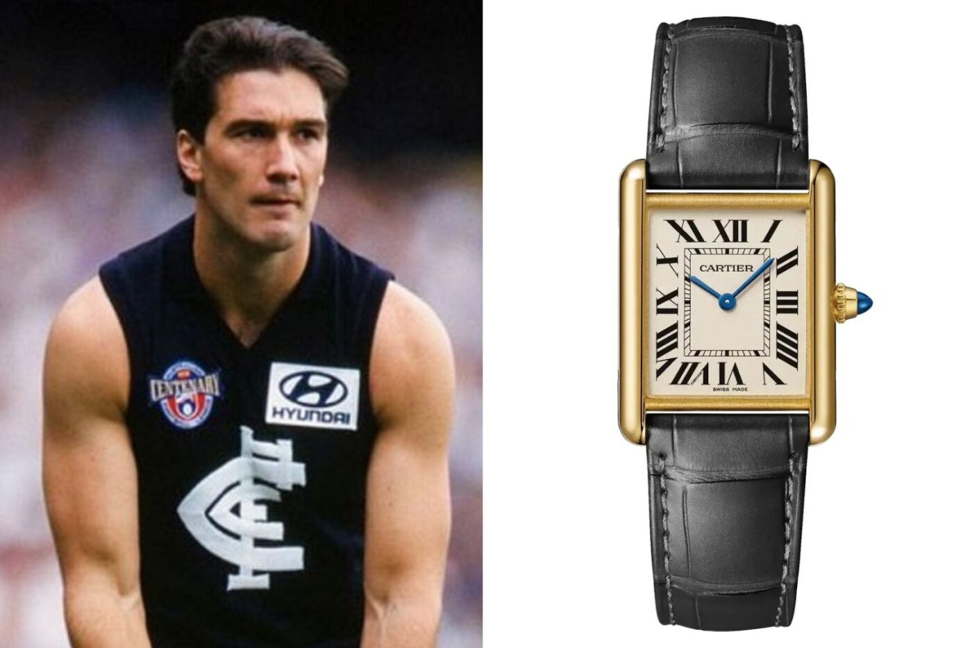 AFL player, Cartier wristwatch showcased.