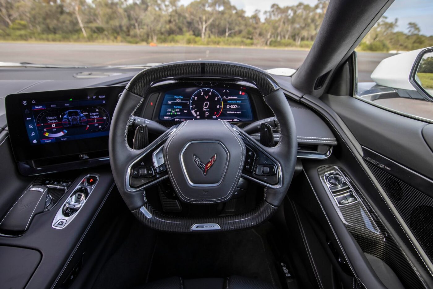 Corvette sports car interior with leather accents.