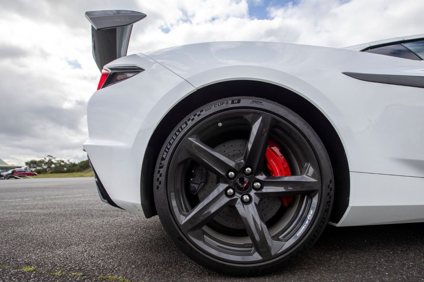 Corvette's rear wheel in Melbourne, dramatic shot.