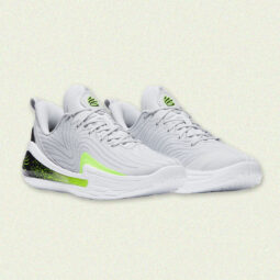 White sneakers with green accents, 2024 must-have.