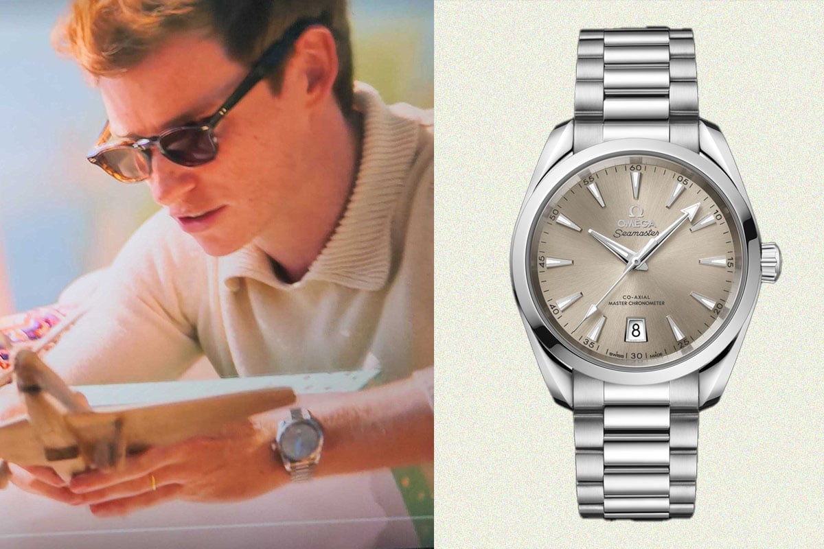 Eddie Redmayne wearing OMEGA Seamaster Aqua Terra Shades (ref. 220.10.38.20.09.001) with sunglasses; OMEGA Seamaster watch close-up.