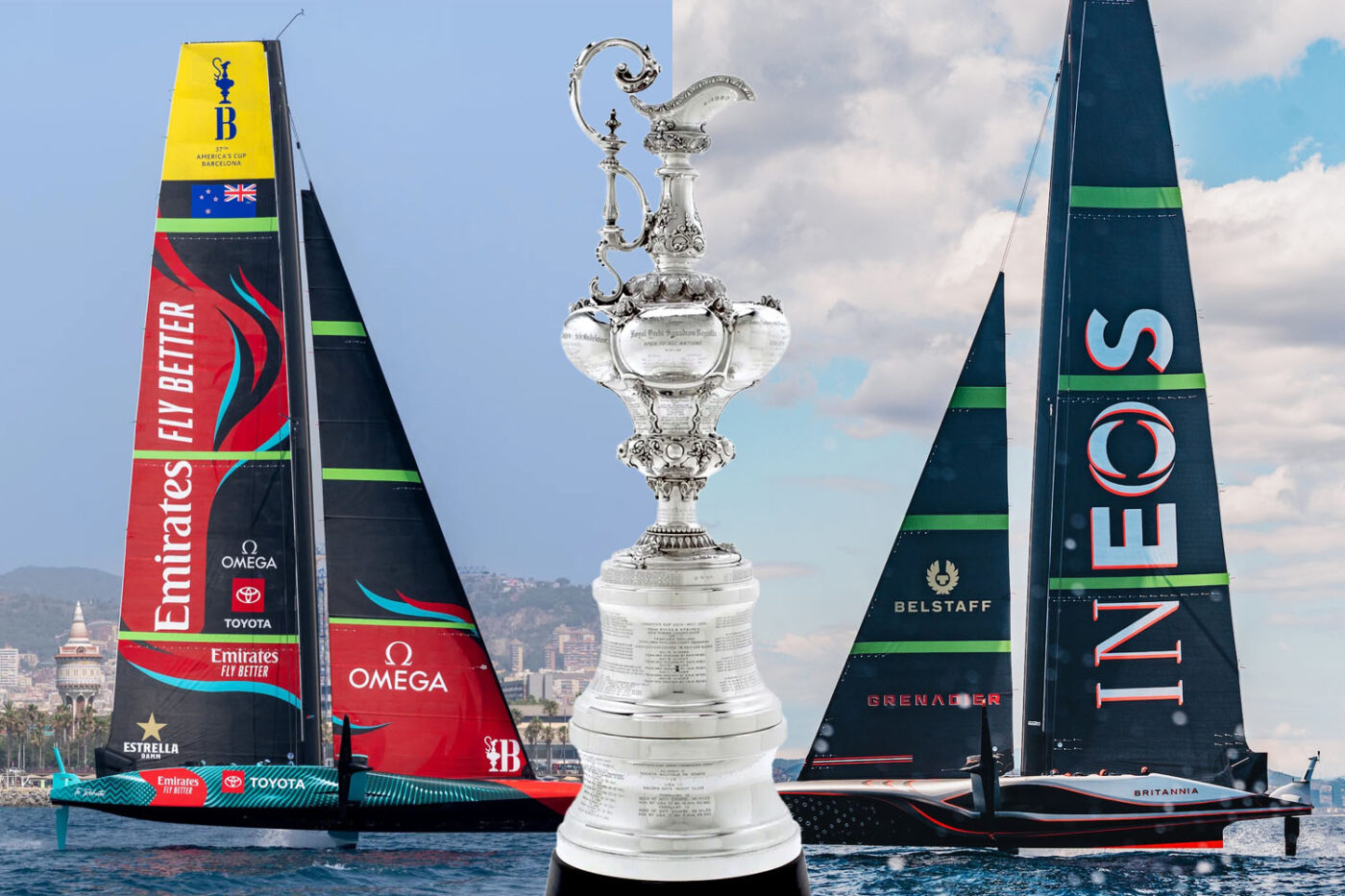 Two racing sailboats vie for America's Cup.