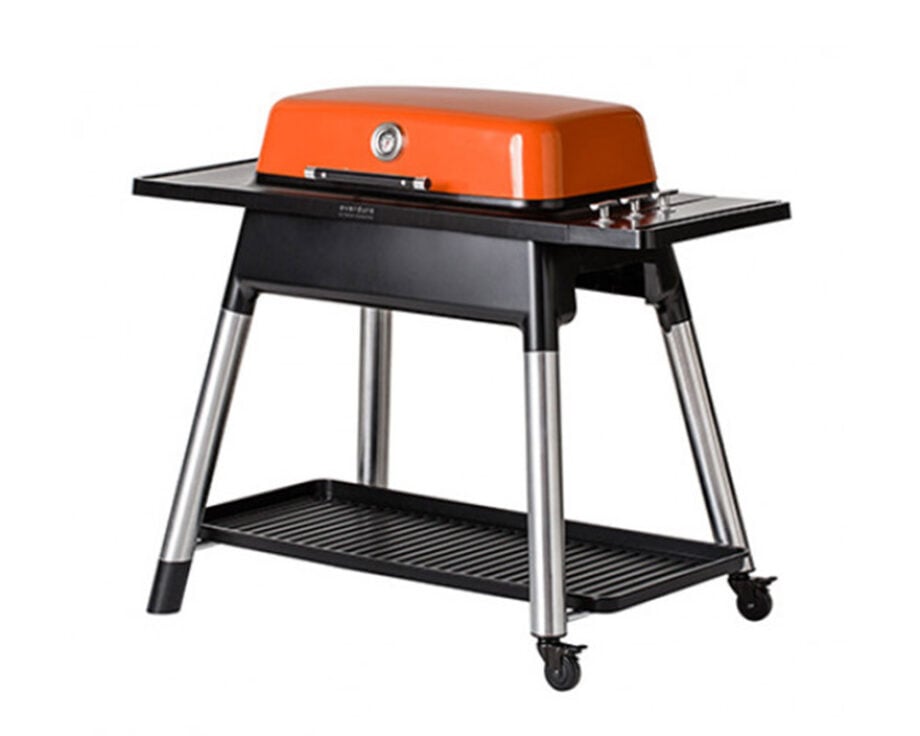 Rectangular outdoor grill: orange lid, silver gauge.