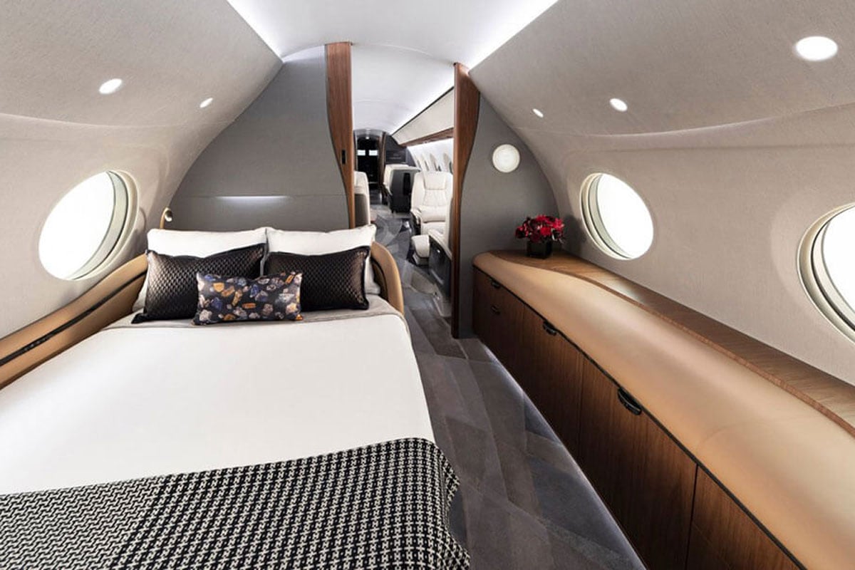 Luxurious private jet bedroom interior.