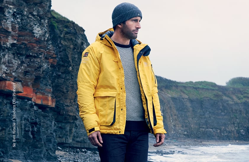 Man in sailing jacket, rocky beach.