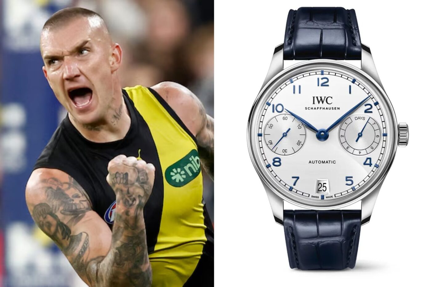 Iconic player celebrates; IWC Schaffhausen wristwatch.