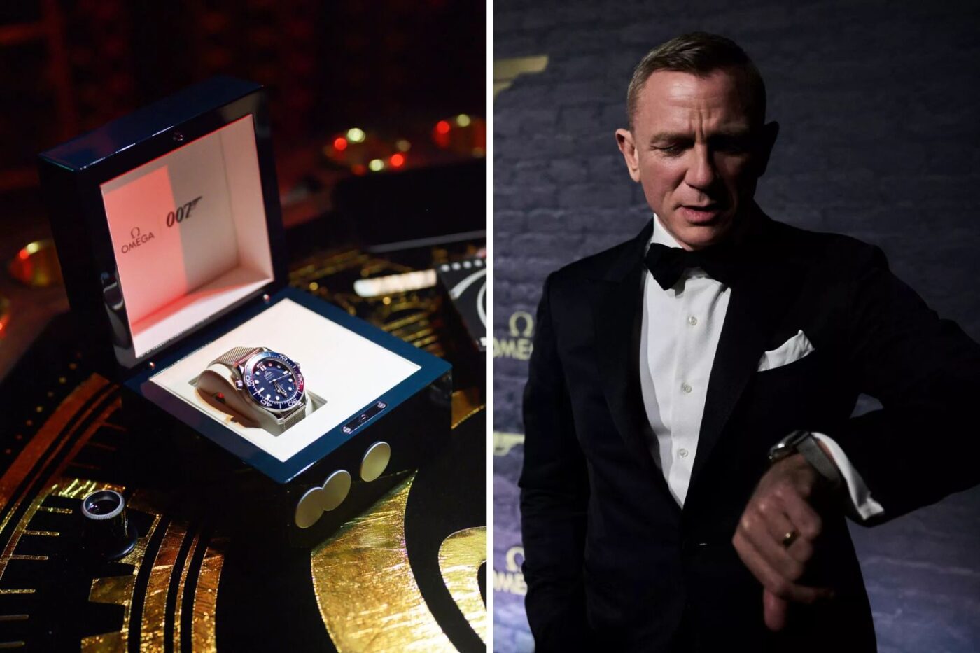 OMEGA watch with Bond branding; man checks watch.