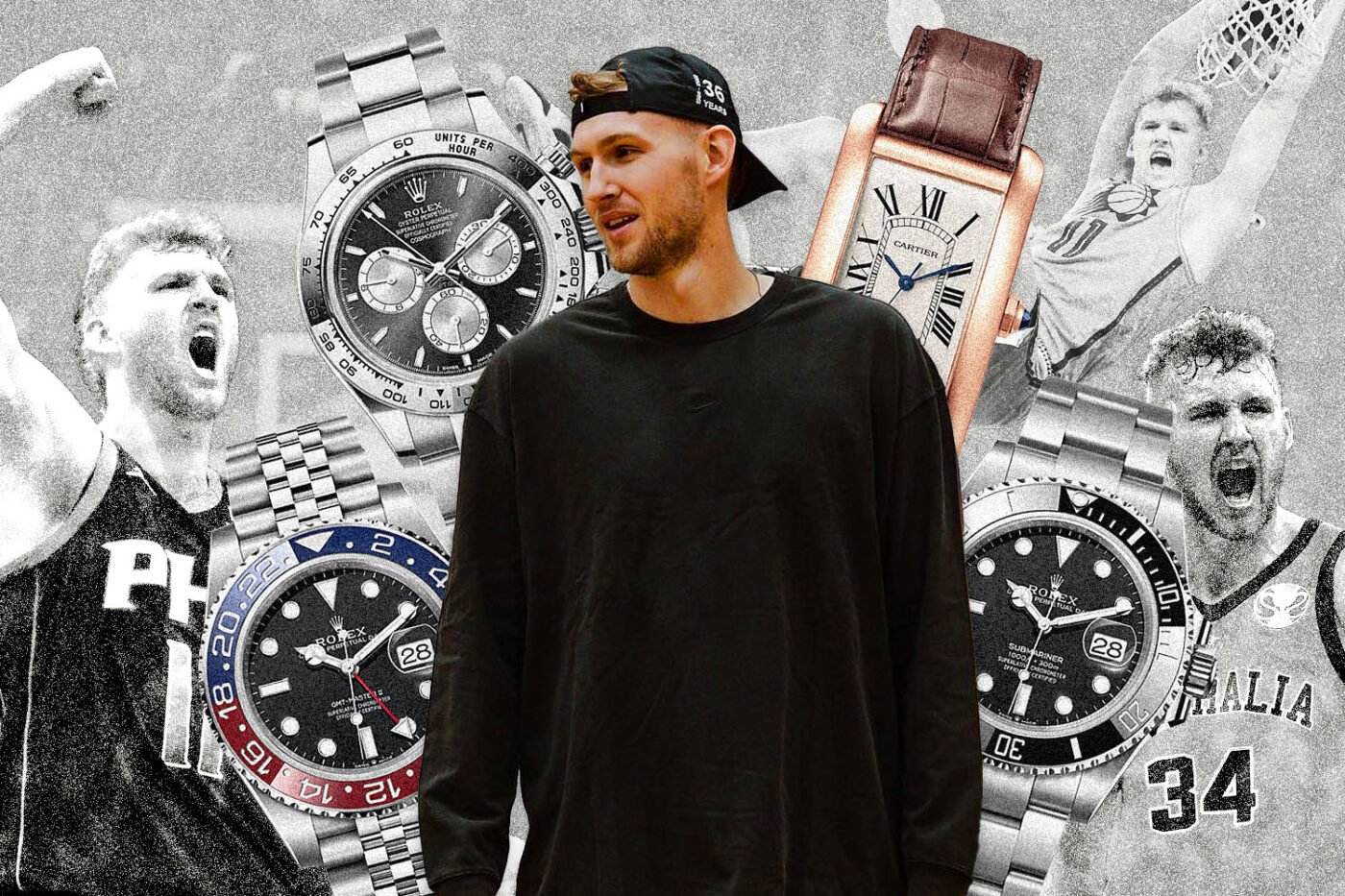 Man displays watch collection, embraces NBA culture.