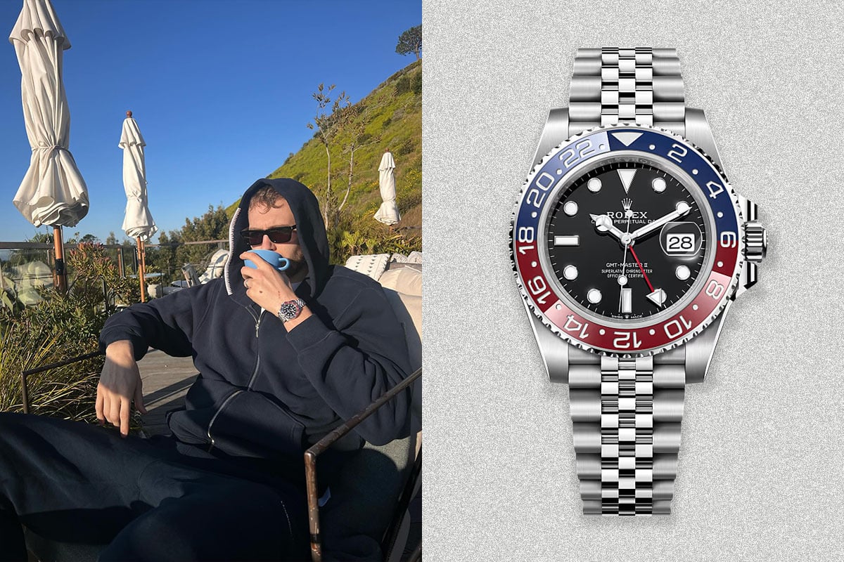 Hoodie wearer on patio with Rolex GMT-Master II.