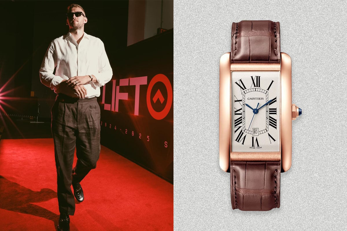 Man on red carpet with Cartier watch.