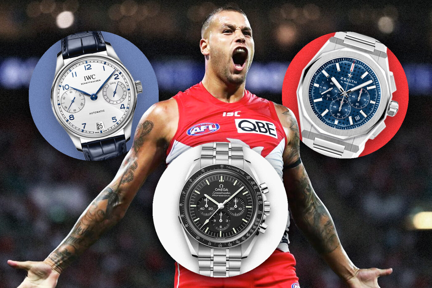 Buddy Franklin AFL victory; luxury watches displayed.