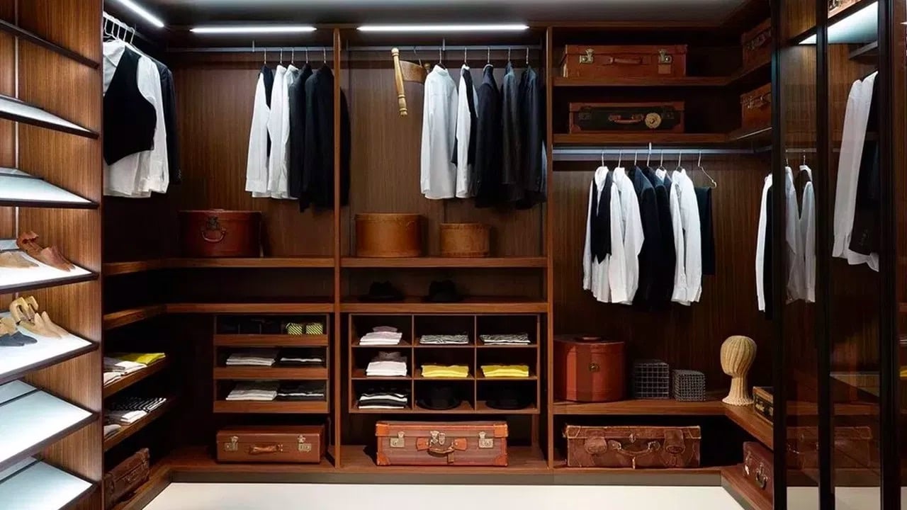 Organized closet with men's essentials.