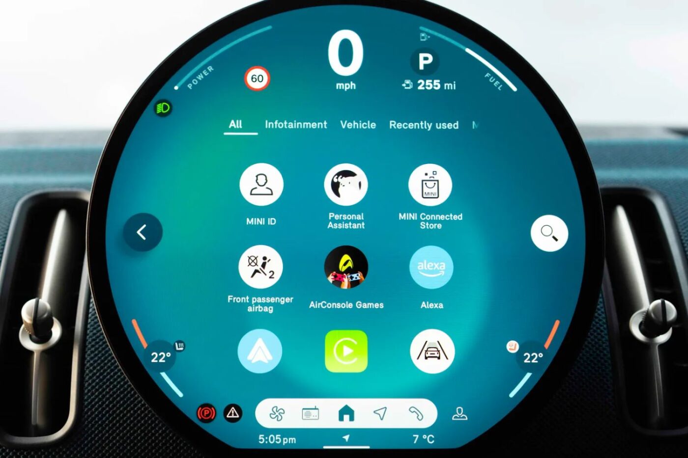 MINI's dashboard shows apps like Alexa, driving info.