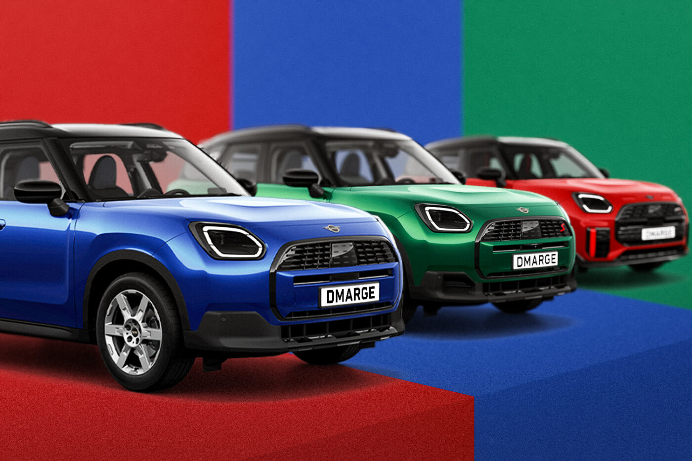 MINI Countryman and two SUVs on colorful ground.