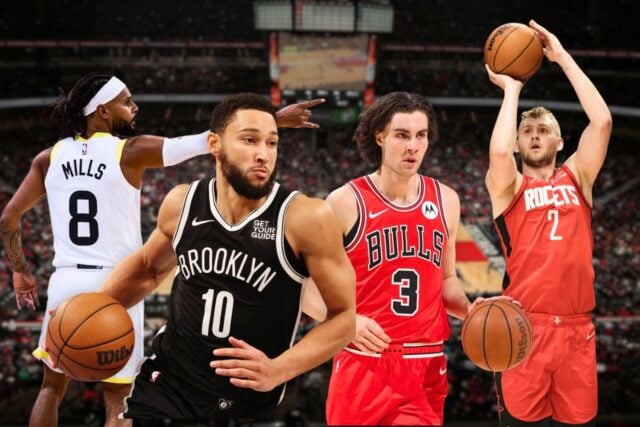 Four basketball players in NBA team jerseys.