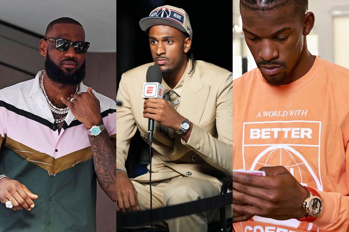 Collage: men with watches, microphone, NBA shirt.