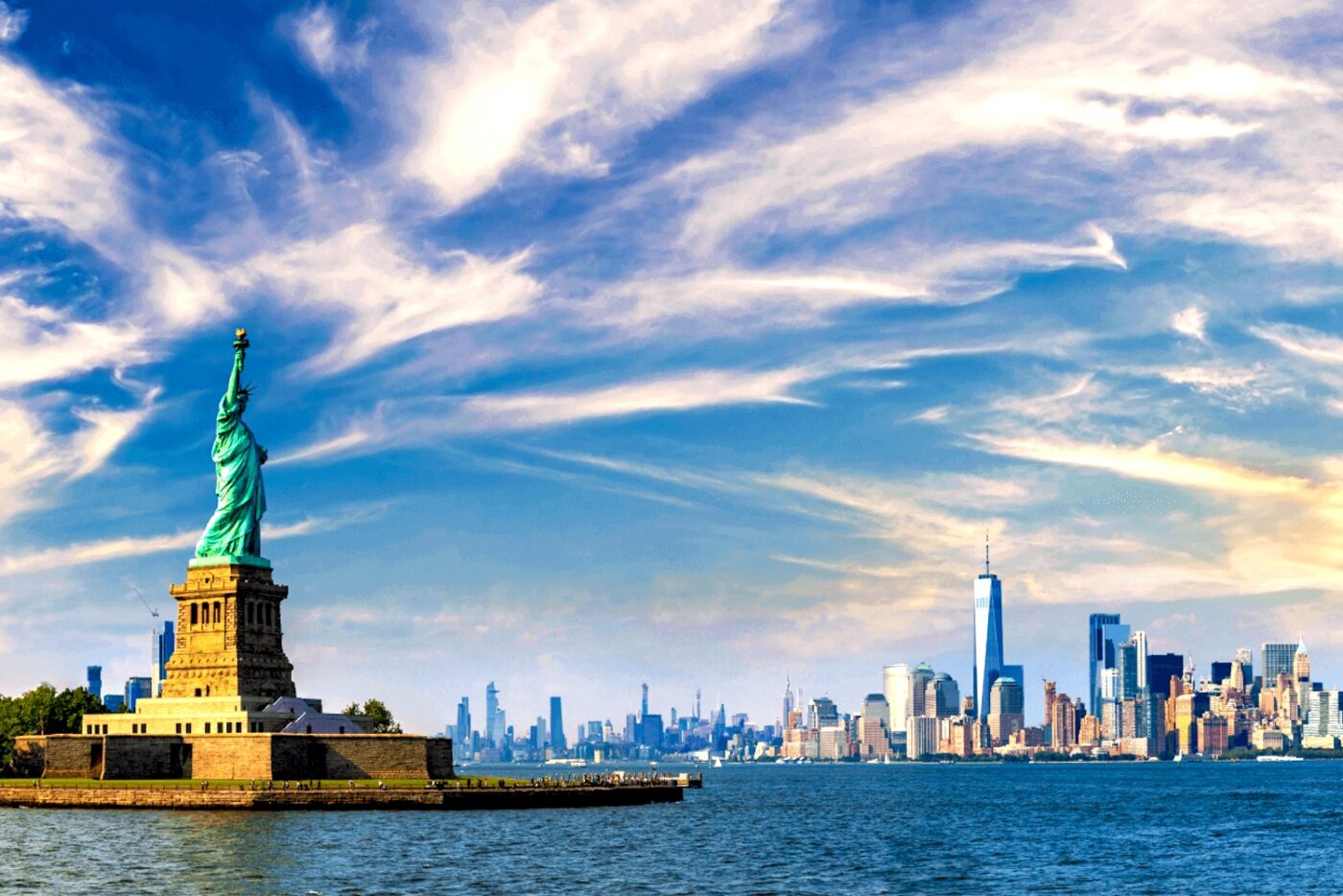 Statue of Liberty with New York skyline.