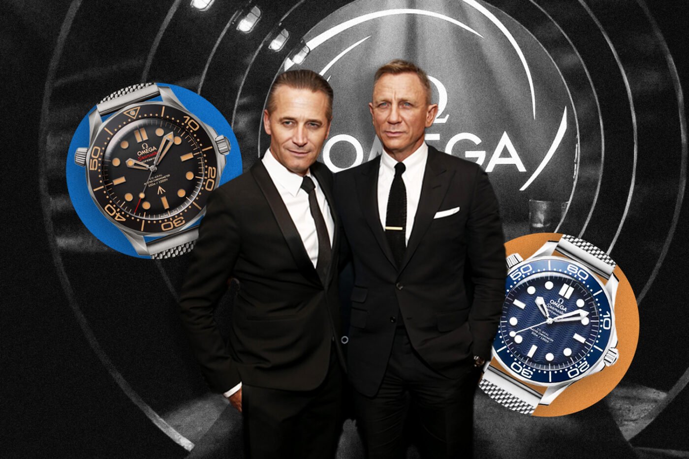 Two suited men pose with Omega watches.