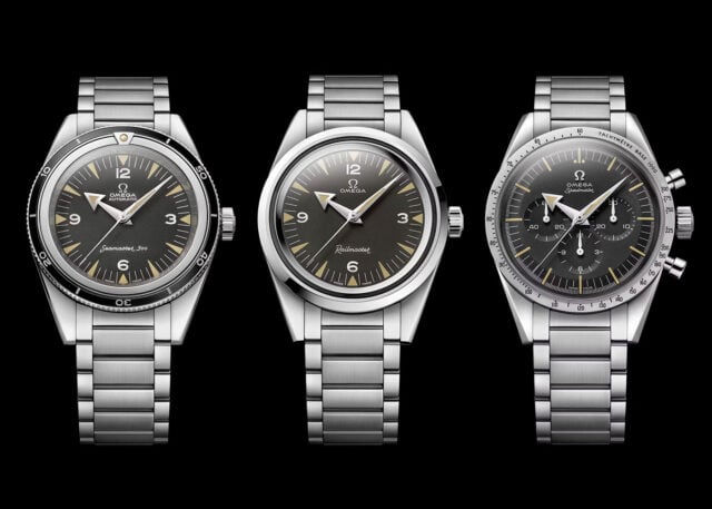 Three distinct OMEGA watches with black dials.