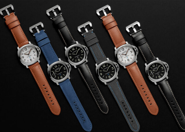 Six Panerai watches with multicolored straps displayed.