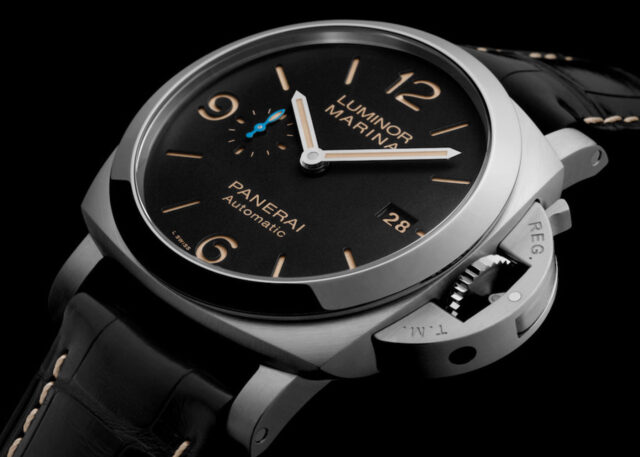 Panerai Luminor Marina watch with black strap.