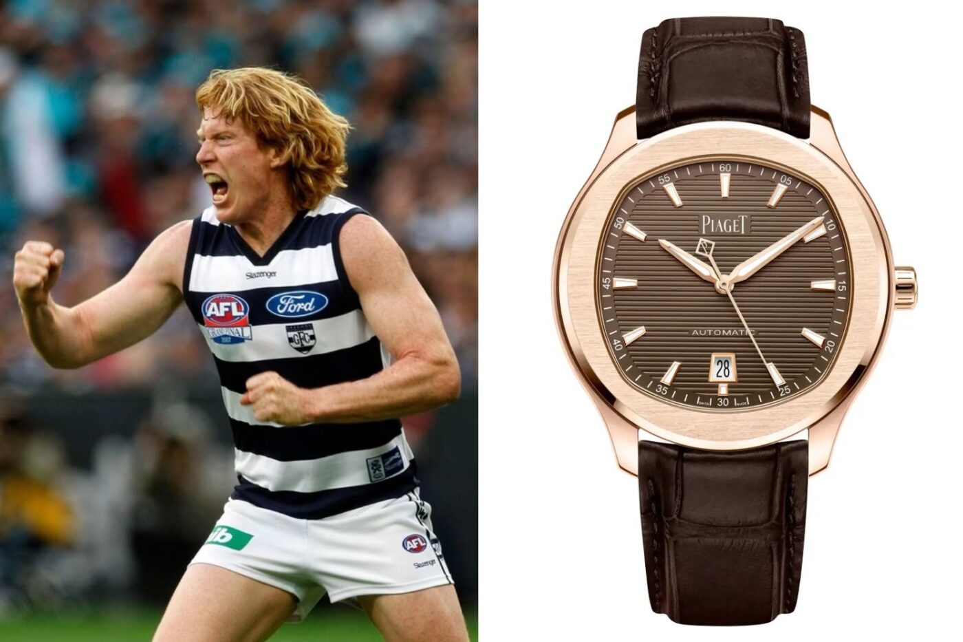 AFL player celebrates; Piaget watch