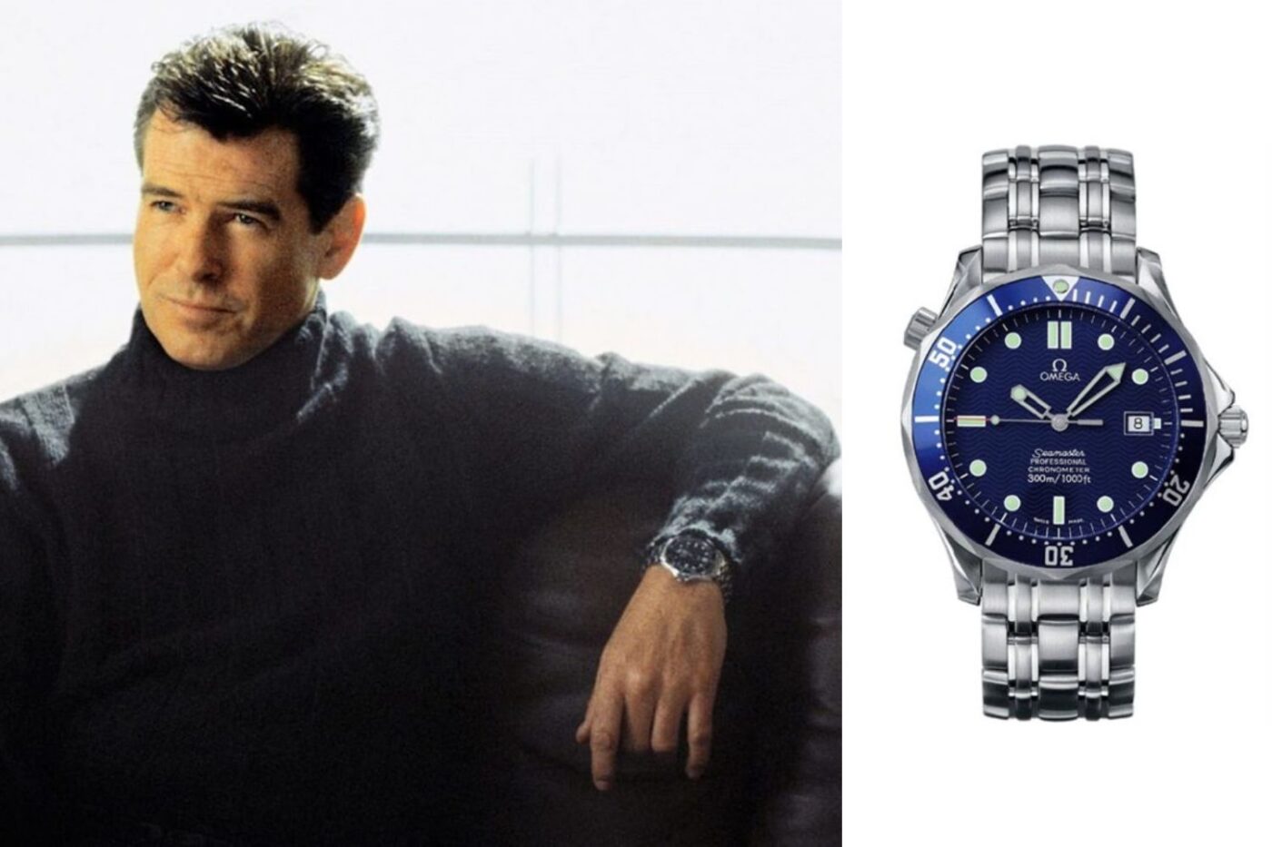 Person in turtleneck wearing Omega Seamaster watch.