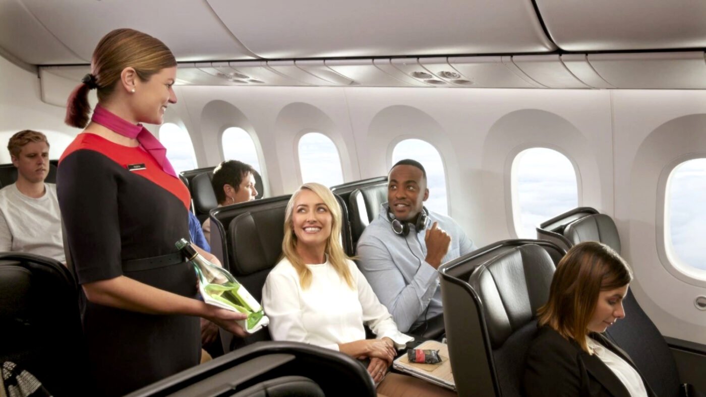 Qantas Economy cabin with attentive service and comfort.