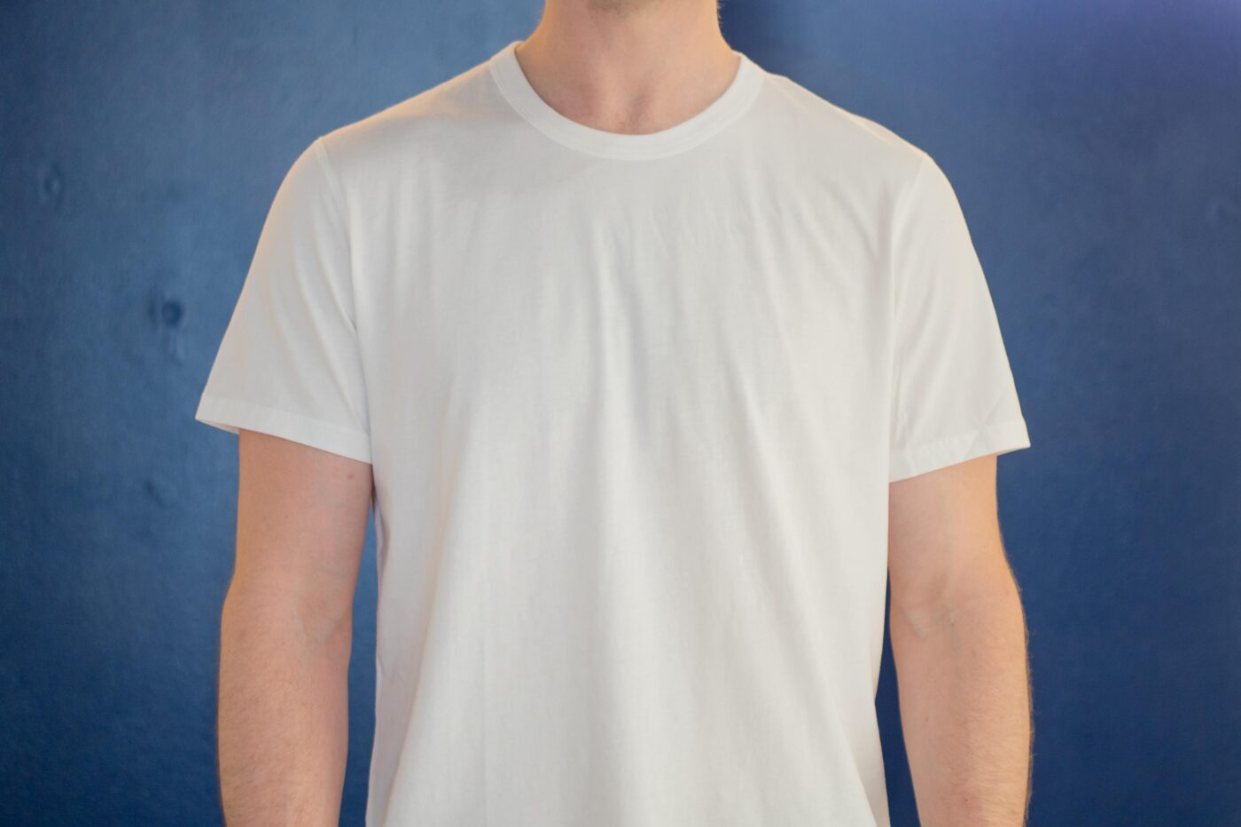 Reigning Champ white tee on model 