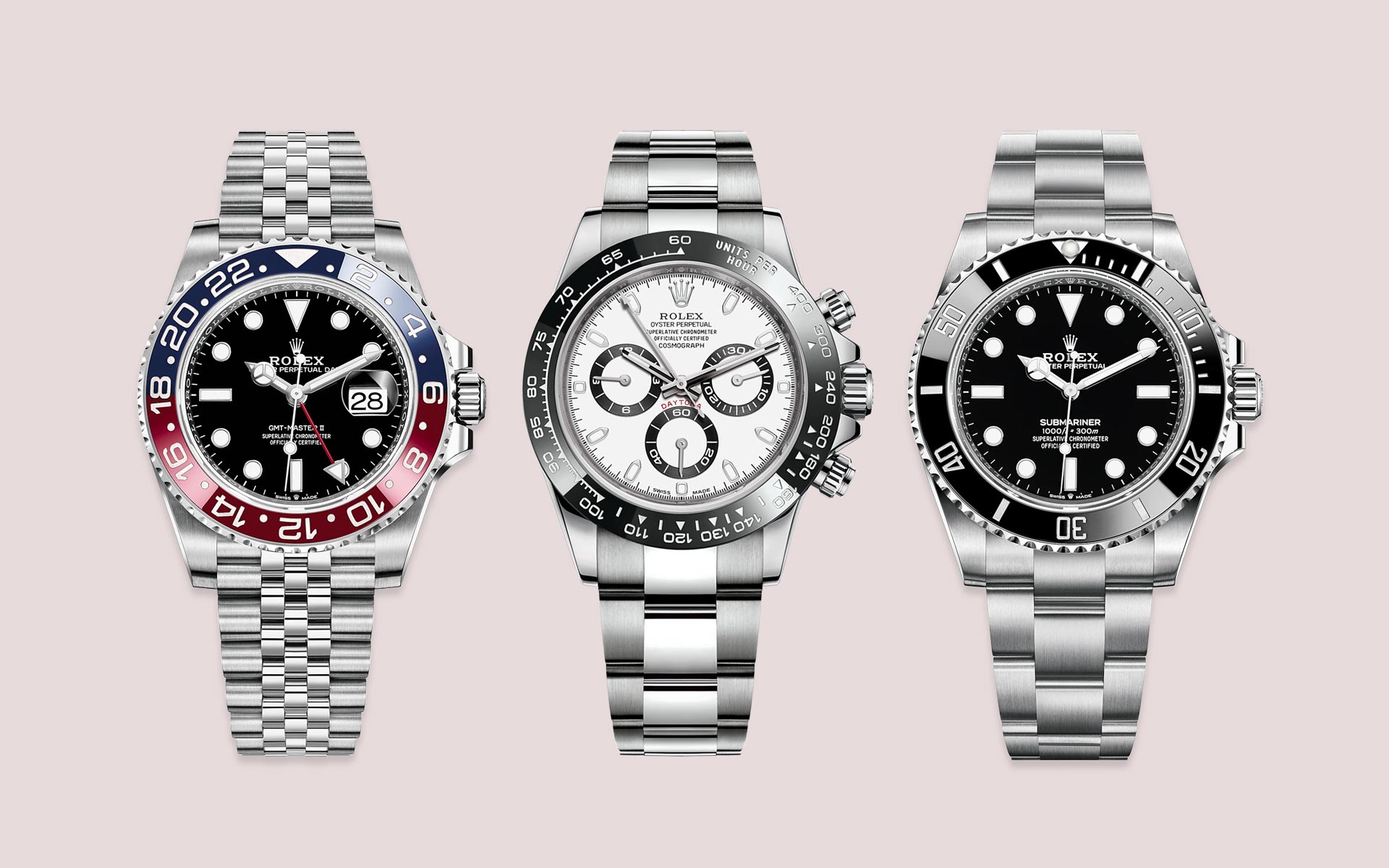 Rolex watches with varied bezels and dials.