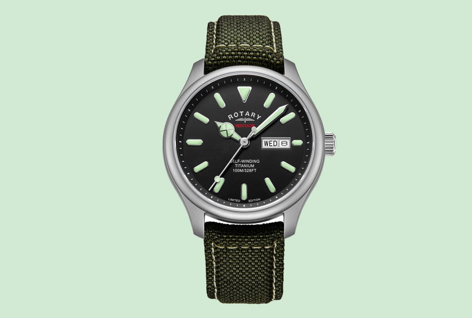 Rotary wristwatch with green strap.