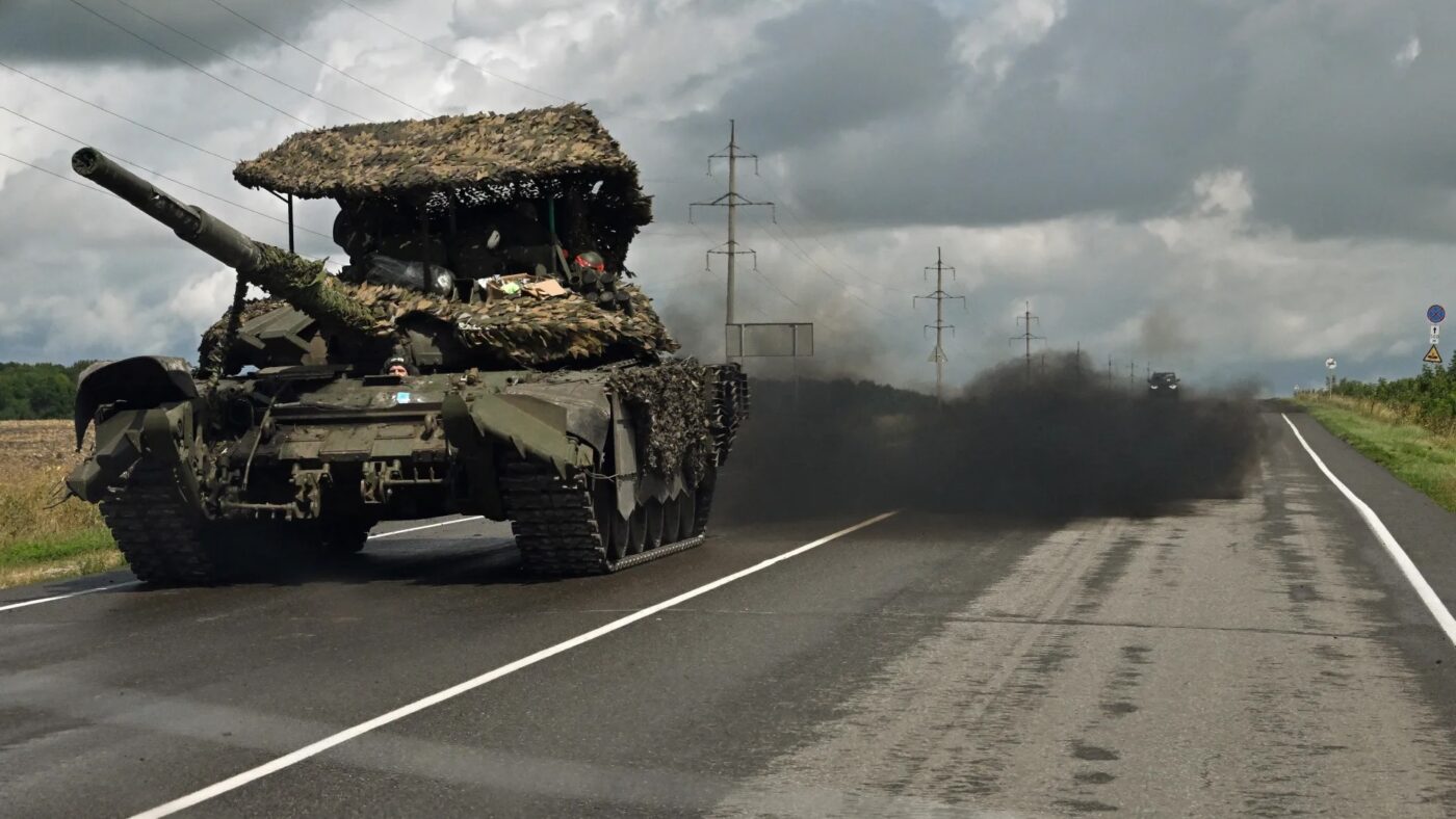 A Russian battle tank outside Sudzha in the Kursk region