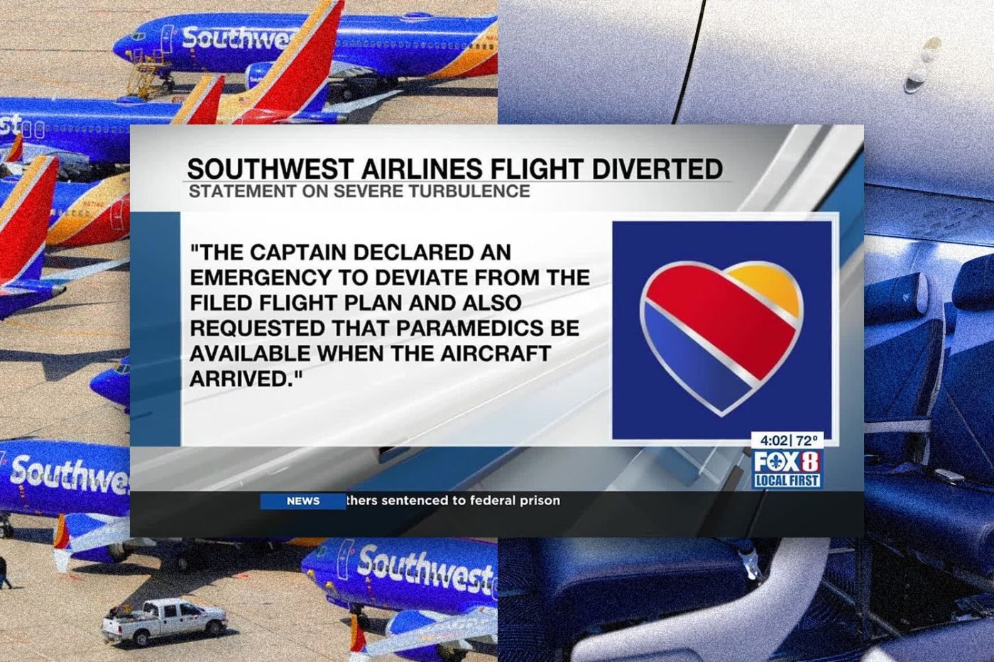 Montage of picture relating to Southwest airlines turbulance policy