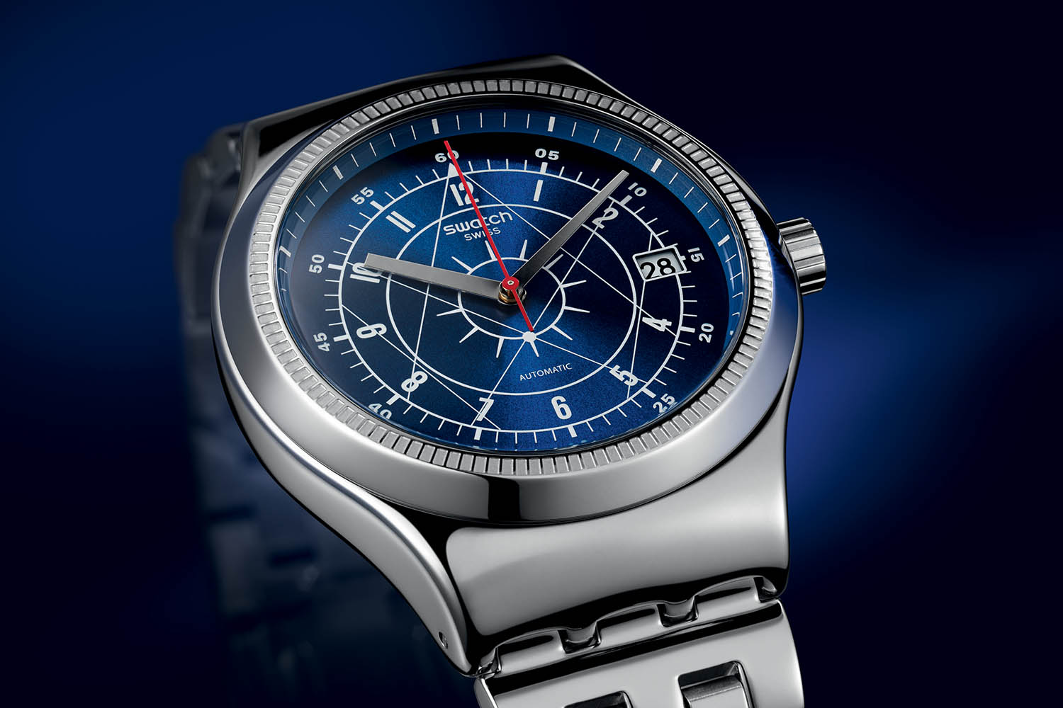 Sleek stainless steel chronograph wristwatch.