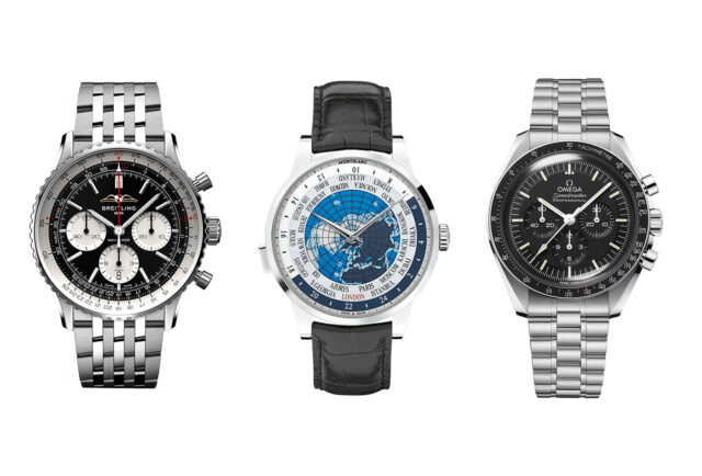 Three watches: modern, world map, elegant subdial.