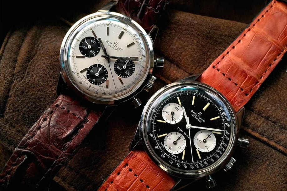 Two Breitling chronographs on display.