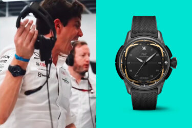 Man mimics Toto Wolff; IWC watch nearby.