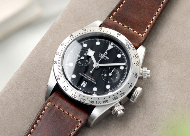 Tudor Black Bay Chronograph: black dial, leather strap.