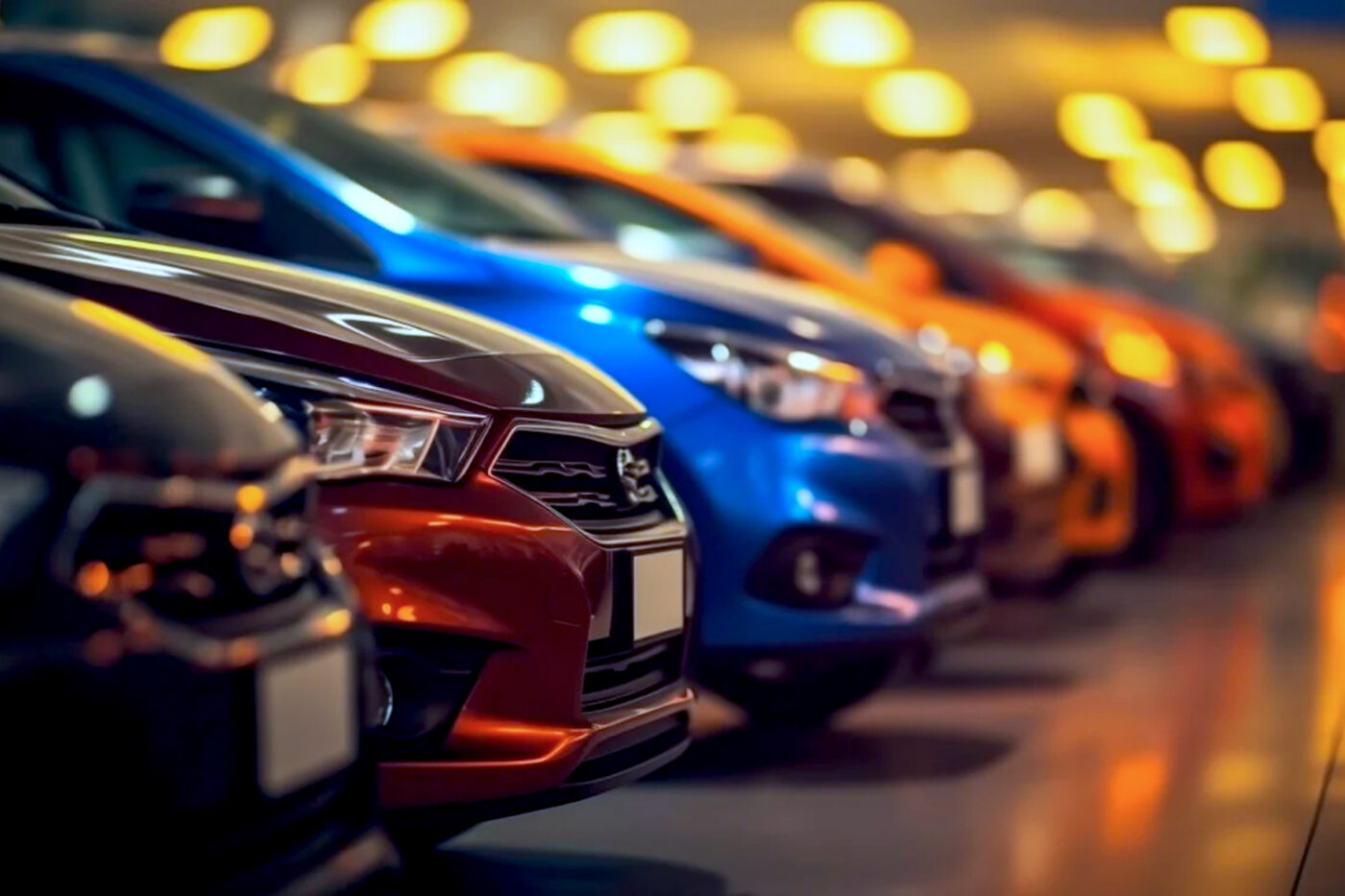 Classic cars in showroom with warm ambiance.