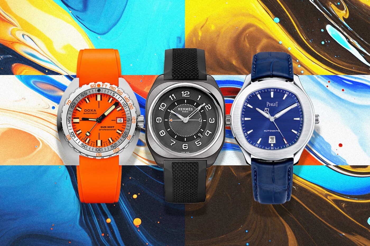 Three distinctive watches on a marbled background.