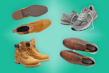 Shoes arranged on teal: loafers, sneakers, dress shoes, boots.