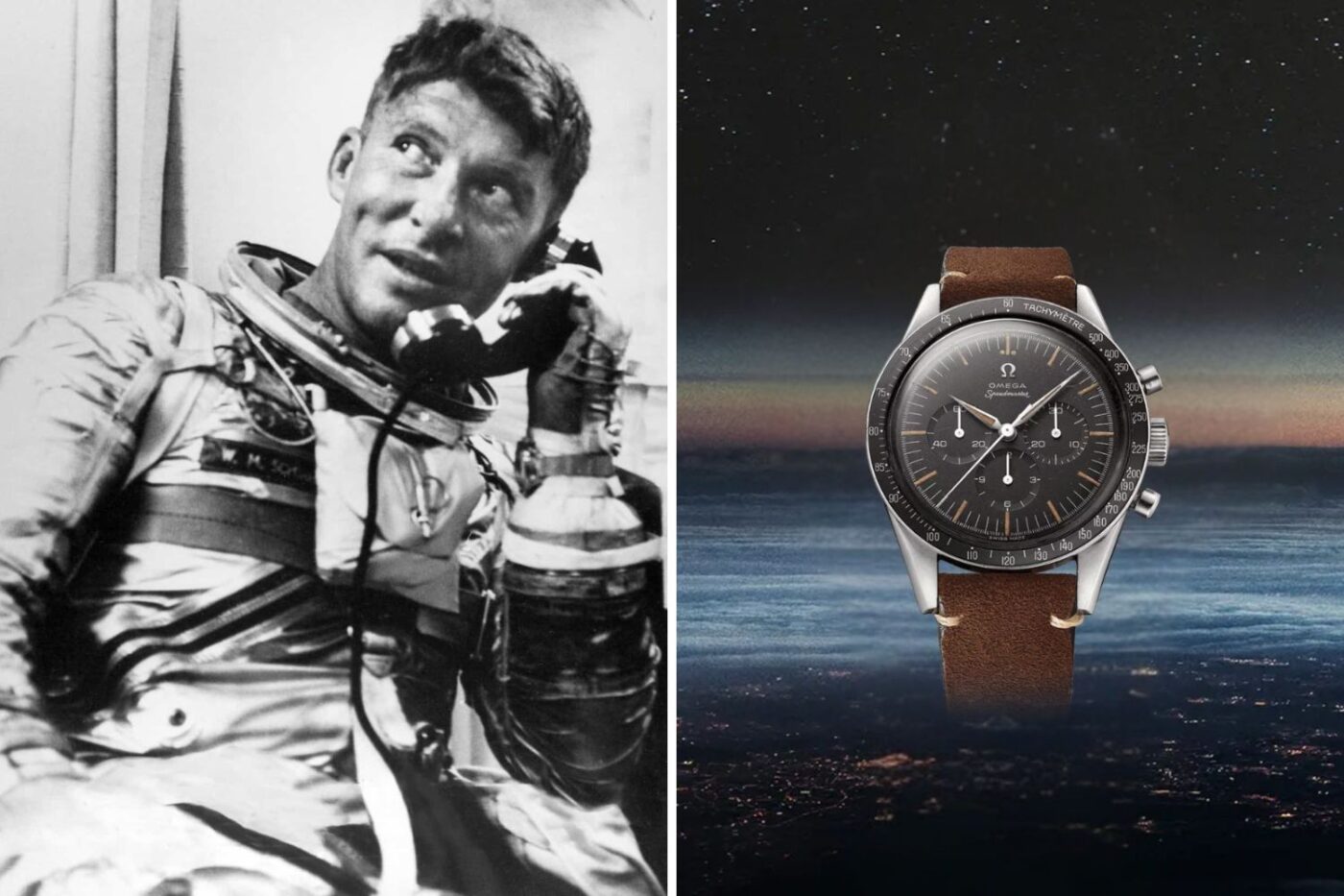 Astronaut using phone; First OMEGA watch nearby.