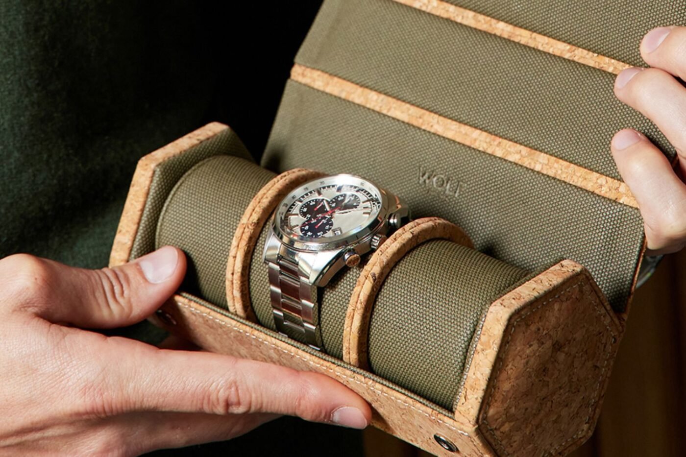 Luxury watch roll securely showcases wristwatch.